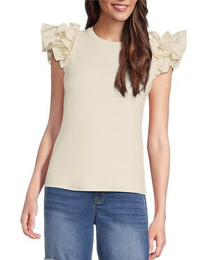 Gibson & Latimer Ribbed Knit Crew Neck Contrasting Poplin Ruffled Short Sleeve Top | Dillard's | Dillard's