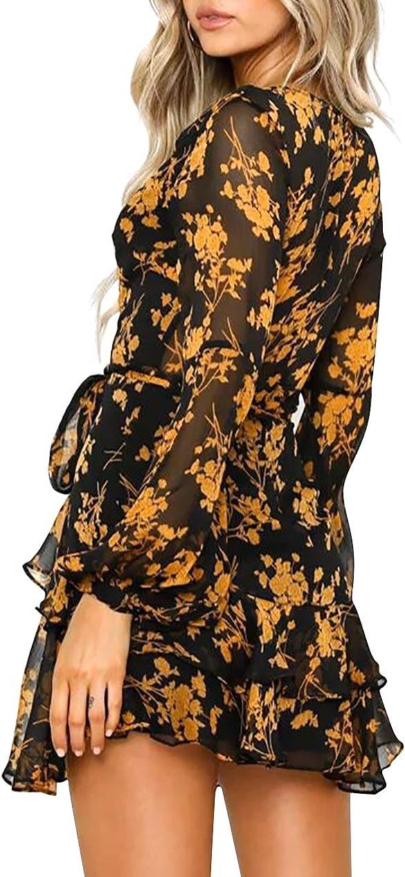 MetCuento Women Long Sleeve Mini Dresses V Neck Ruffle Hem Wrap Tunic Casual Party Dress | Amazon (US)
