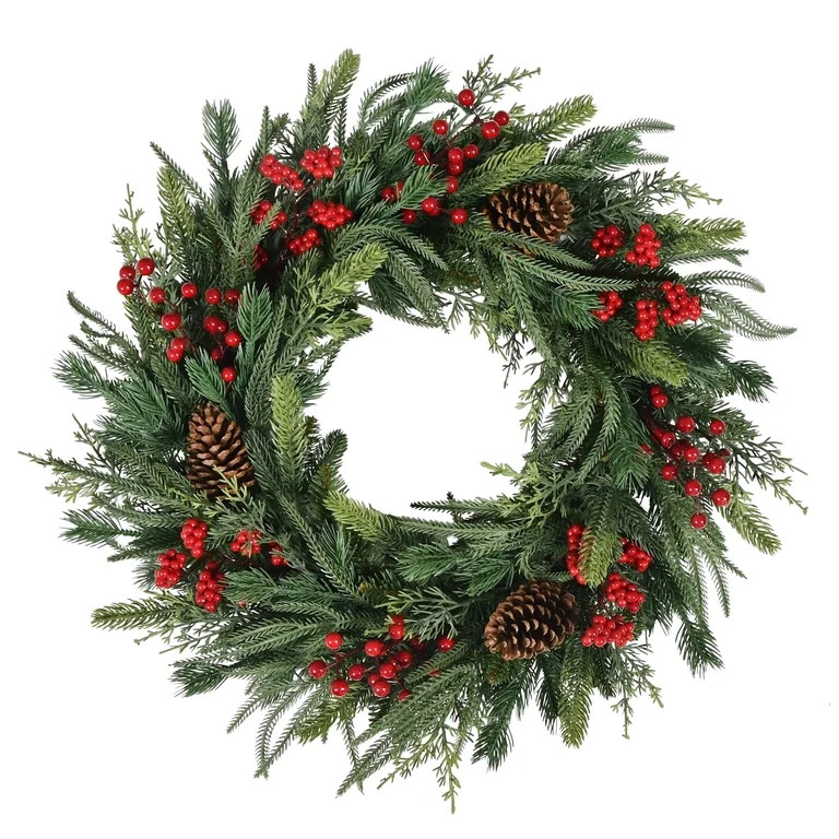 Natural Feel Fairfield Artificial Christmas Wreath with Berries and Pinecones, Green and Red, 24"... | Walmart (US)