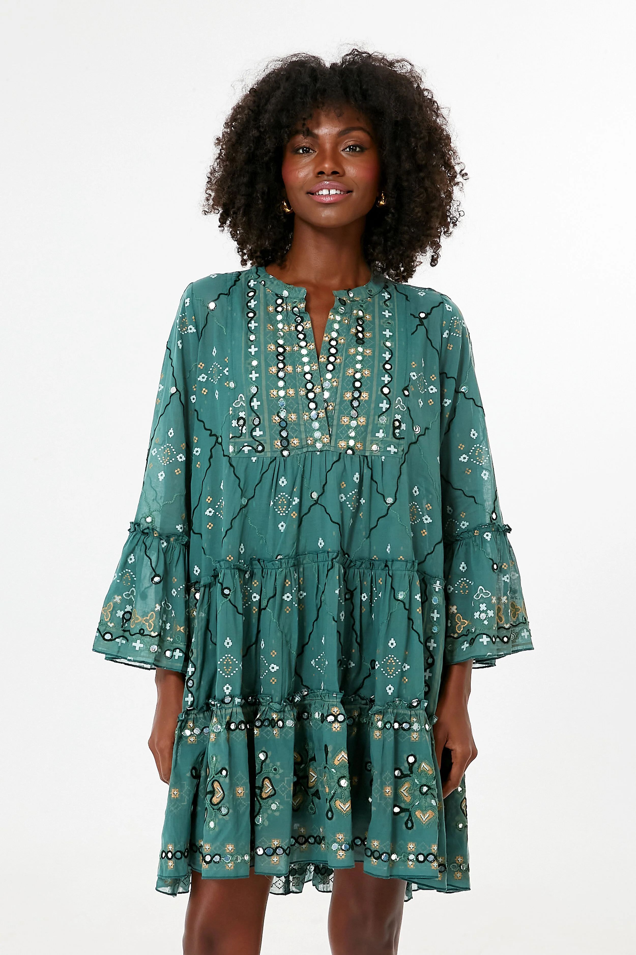 Bottle Green Mosaic Print Flared Sleeve Dress | Tuckernuck (US)