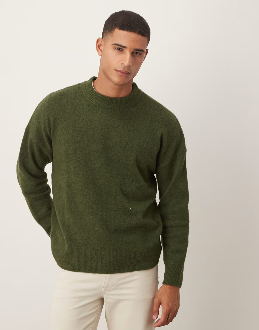 ASOS DESIGN oversized brushed knitted crew neck jumper in khaki-Green | ASOS (Global)
