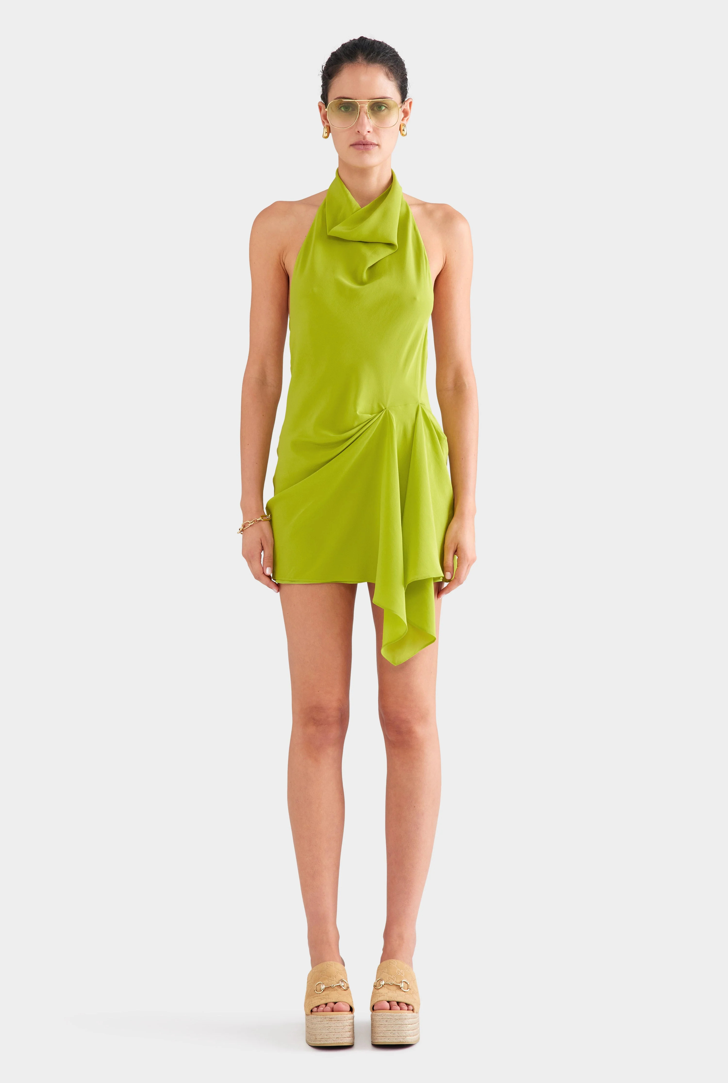 Draped Silk Halter Mini Dress Chartreuse | Venroy | Venroy AU