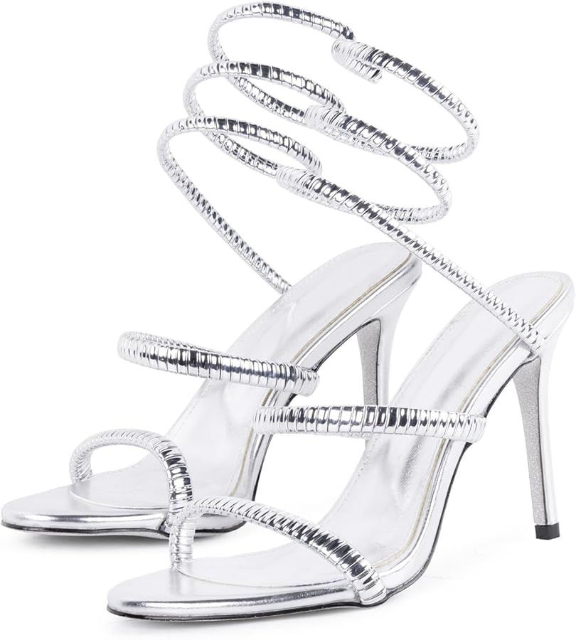 Perixir Gold Sparkly Rhinestone Heeled Sandals, Women's Snake Wrap 2023 Club Stiletto Heels, 3.9"... | Amazon (US)
