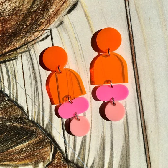 Acrylic Geometric Highlighter Orange Earrings // Artsy // Accessory // Statement Piece // Post Mo... | Etsy (US)