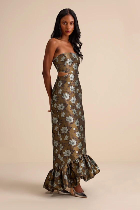 Nathania Olive Floral Jacquard Strapless Bubble-Hem Maxi Dress | Lulus