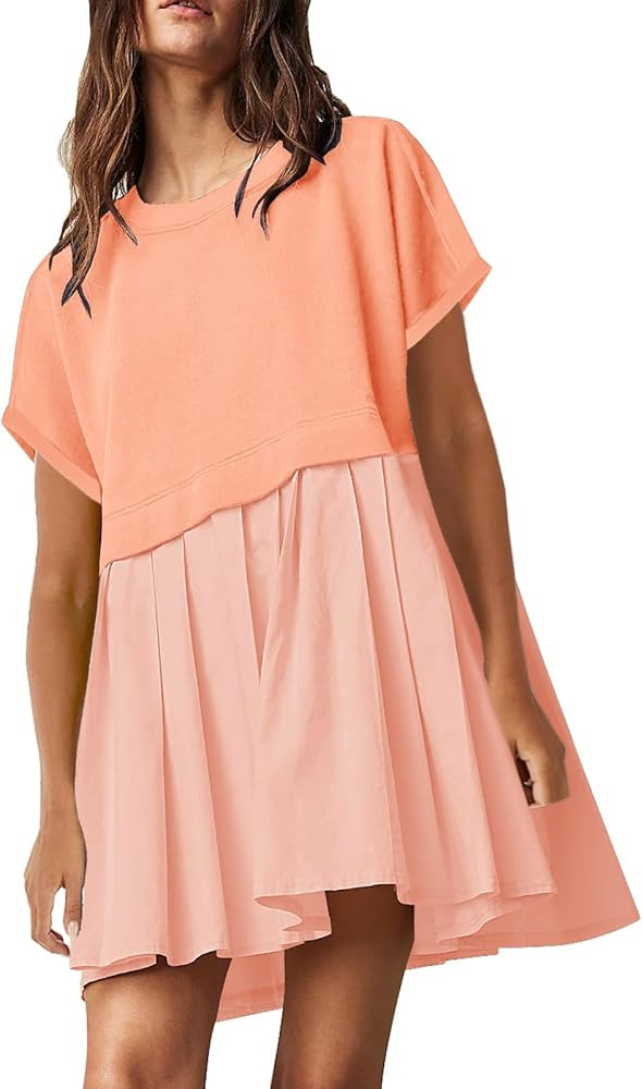 SAUKOLE Womens Summer Crew Neck Short Sleeve Dress Patchwork Pleated A Line Beach Boho Mini Dress | Amazon (US)