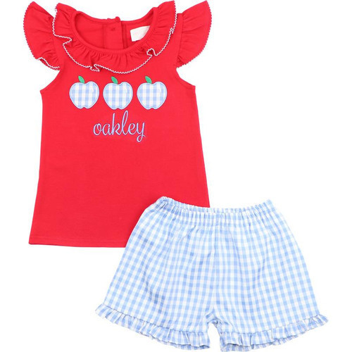 Red And Blue Check Applique Apple Ruffle Short Set | Cecil and Lou
