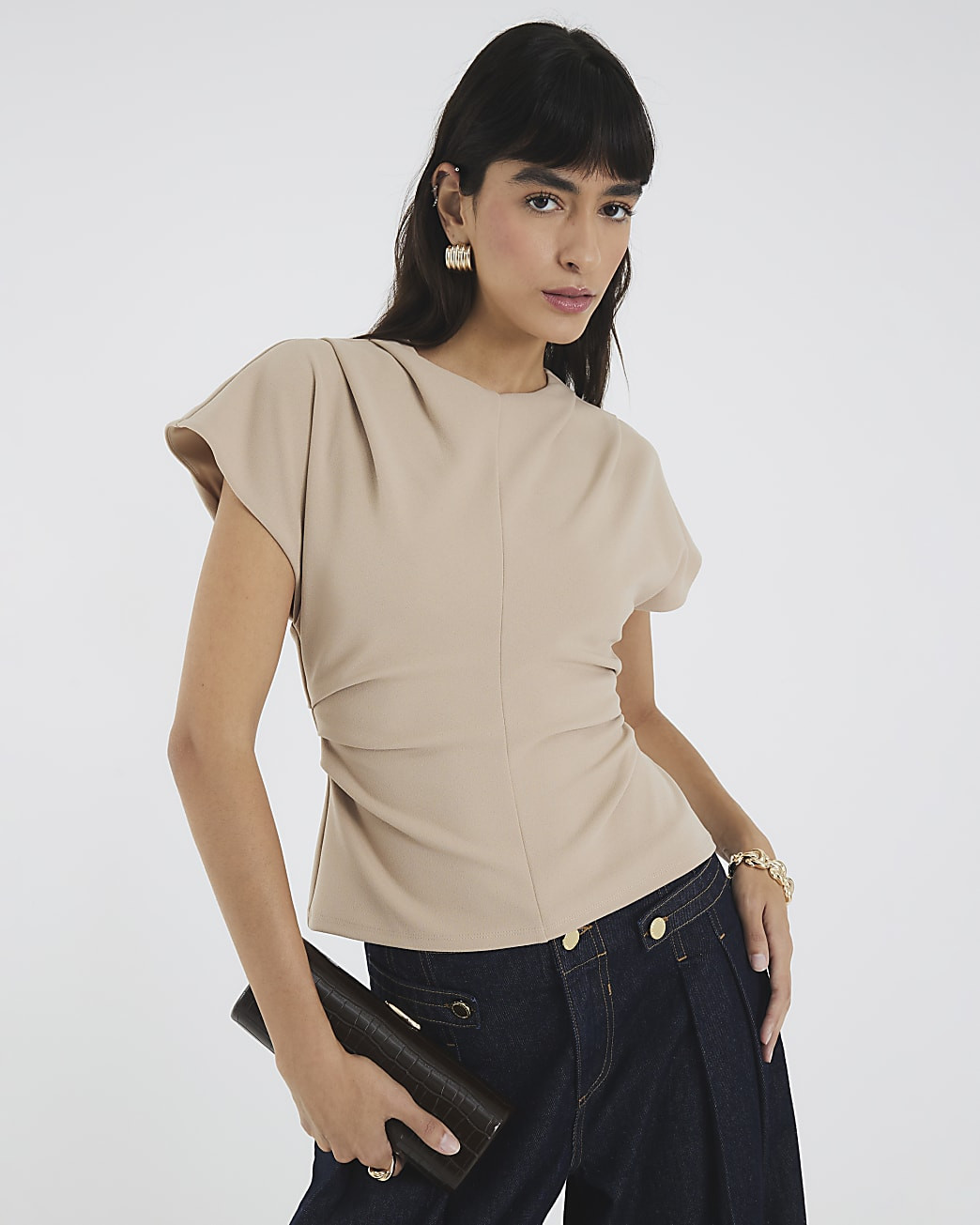 Beige Short Sleeve Ruched Top | River Island UK & IE