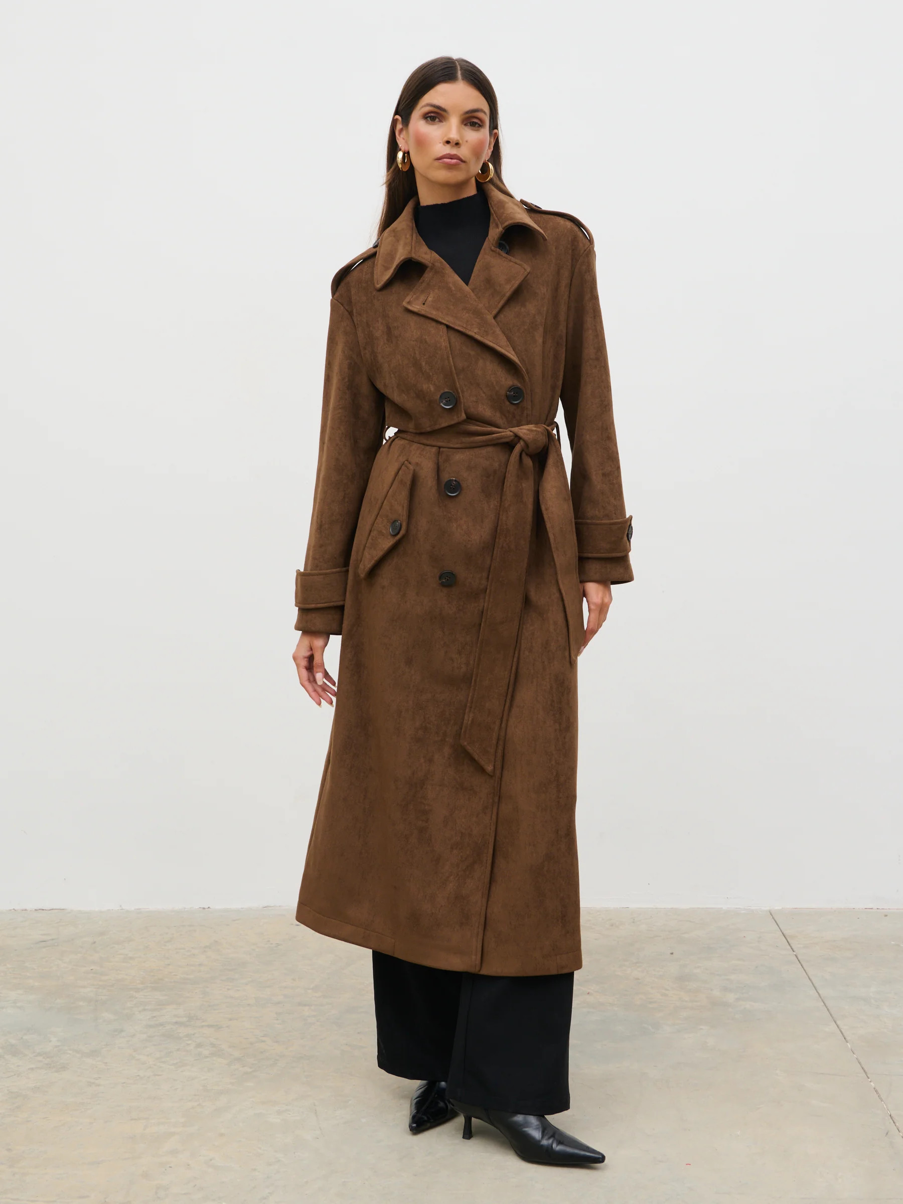 Agnes Longline Faux Suede Trench Coat - Chocolate Brown | Pretty Lavish (UK)