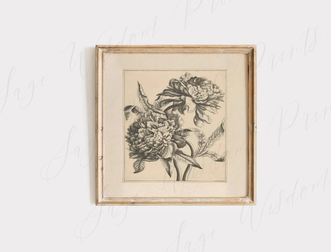 Vintage Peony Art Print, Square Wall Art Neutral Floral Art, Eclectic Boho Decor Print or Canvas ... | Etsy (US)