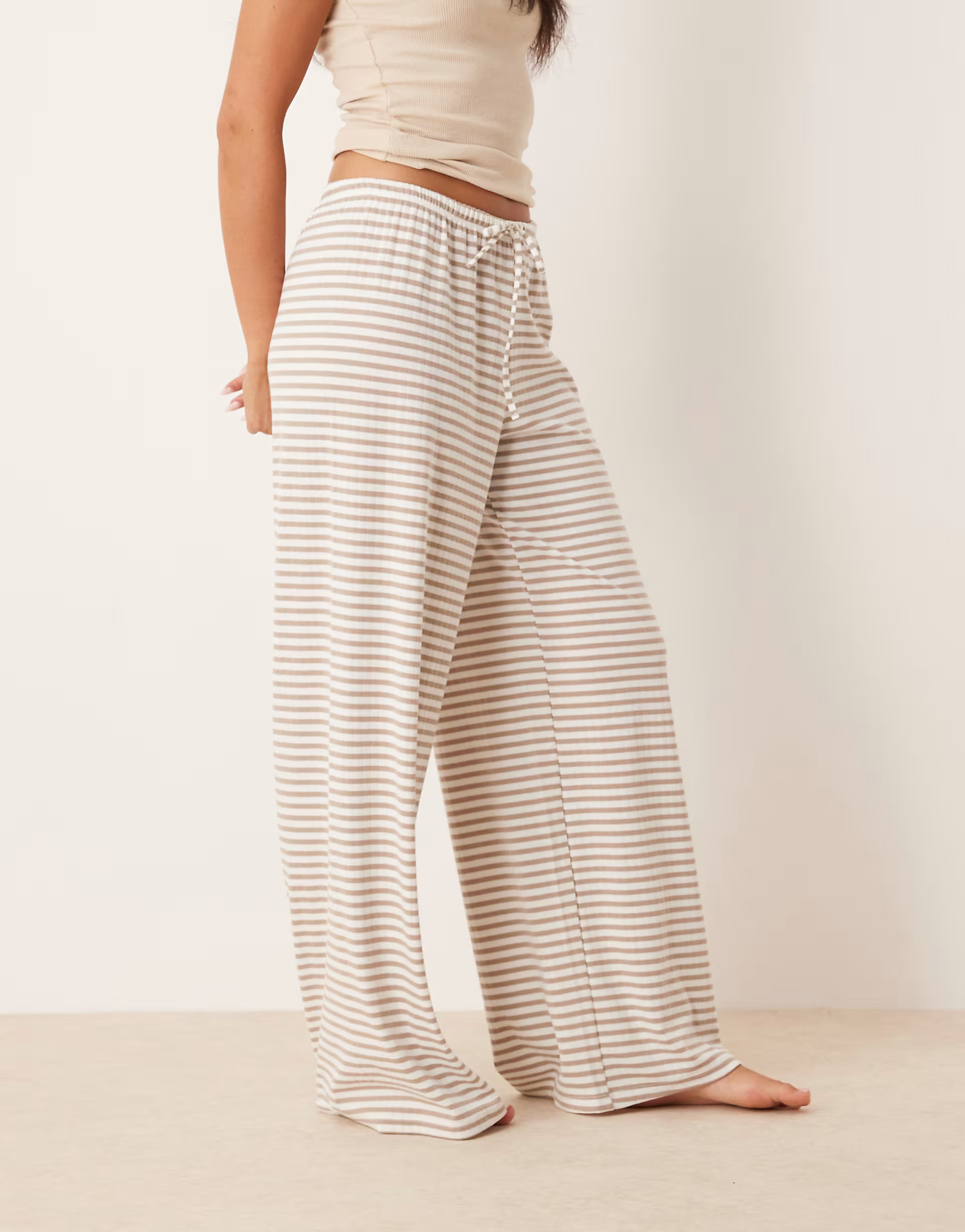 Gina Tricot supersoft jersey wide leg trousers with drawstring waist in white beige stripe | ASOS | ASOS (Global)