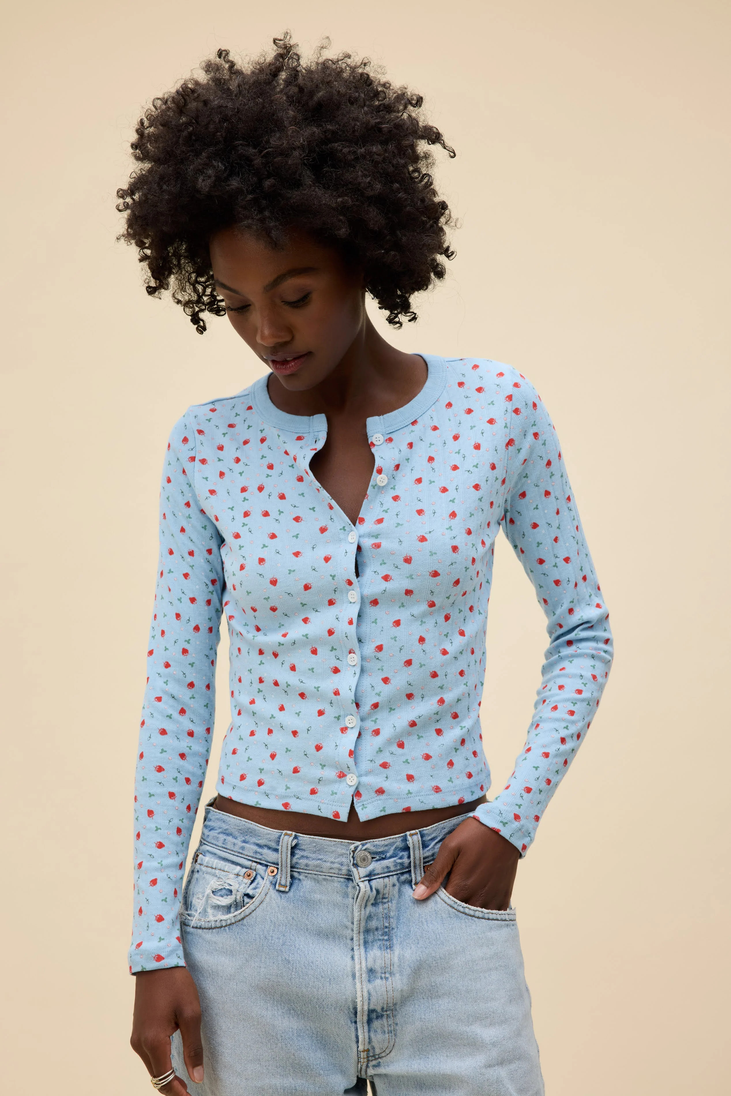 Strawberry All Over Print Pointelle Button Up | Daydreamer