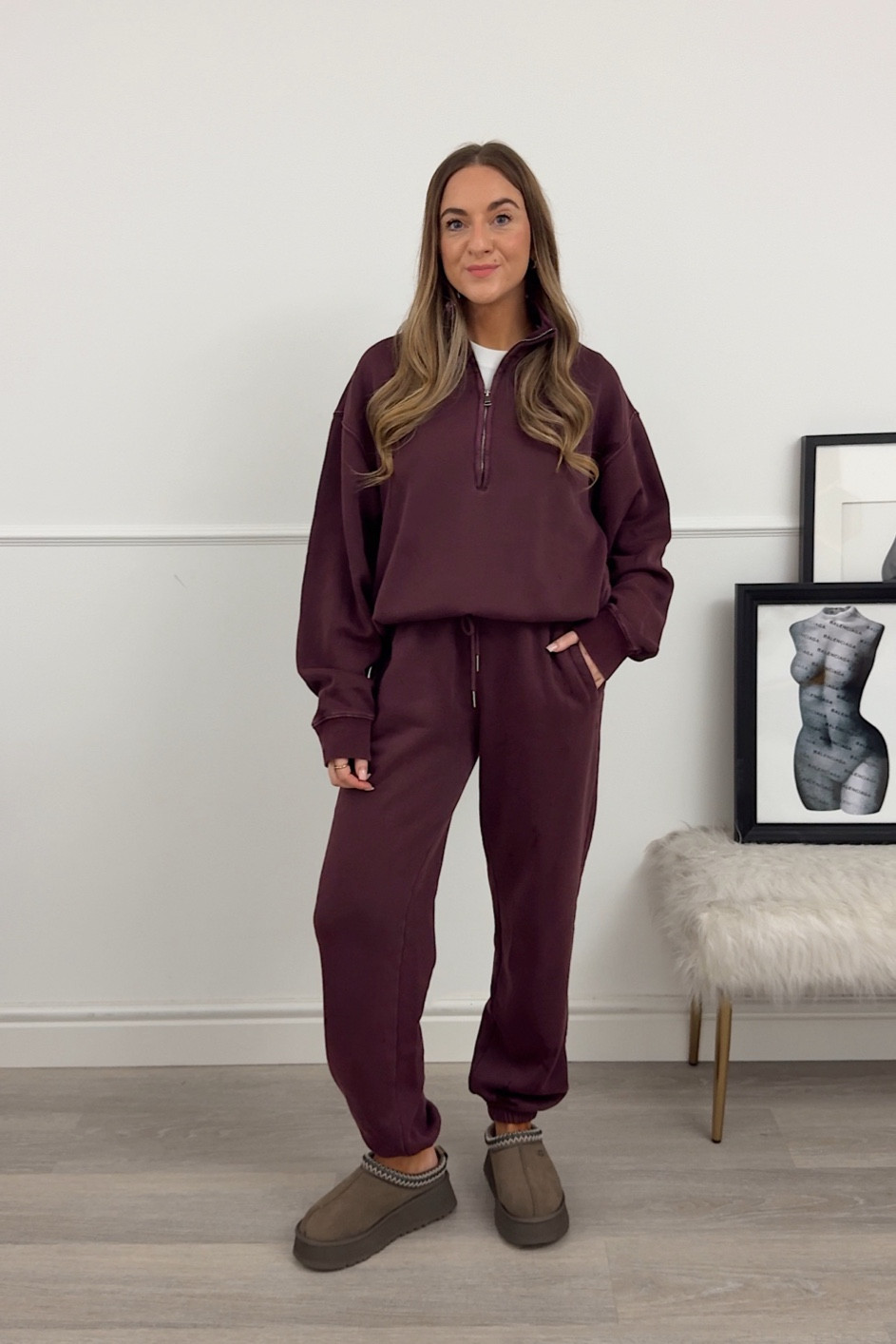 I wear size S in the top & bottoms. The top is a little oversized already though! 
Uggs are true to size! 

#LTKgiftguide #LTKhome #LTKwinter