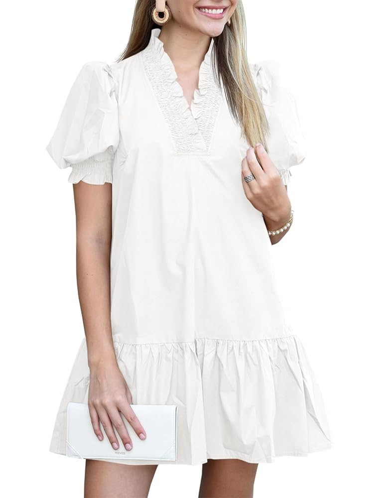 Wenrine Womens Puff Short Sleeve Mini Dress Summer V Neck Ruffle Smocked Loose Fit Casual Tunic D... | Amazon (US)