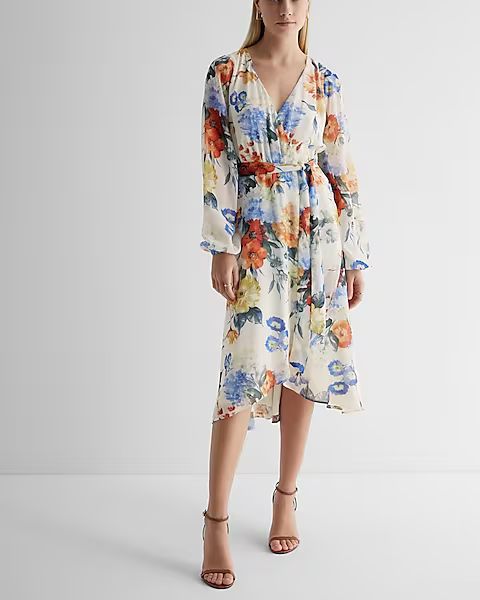 Floral Print Wrap Tie Waist Midi Dress | Express