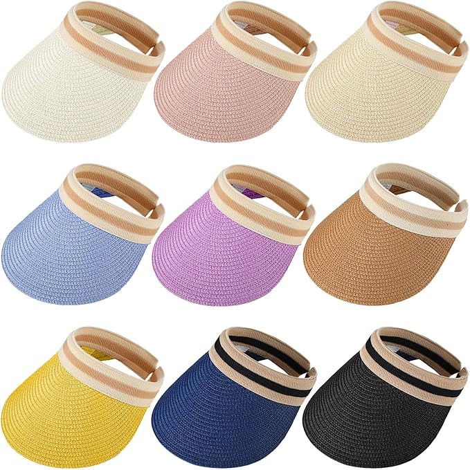 9 Pieces Sun Visor Hats for Women Wide Brim Straw Visors Womens Foldable UV Protection Sun Visors... | Amazon (US)
