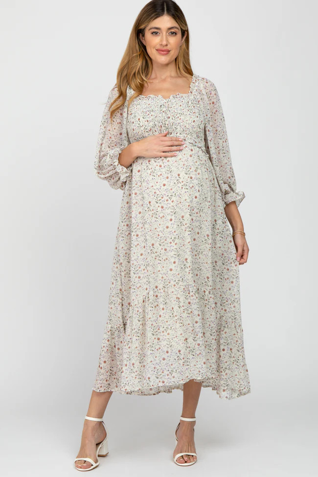 Ivory Floral Smocked 3/4 Sleeve Maternity Dress | PinkBlush Maternity
