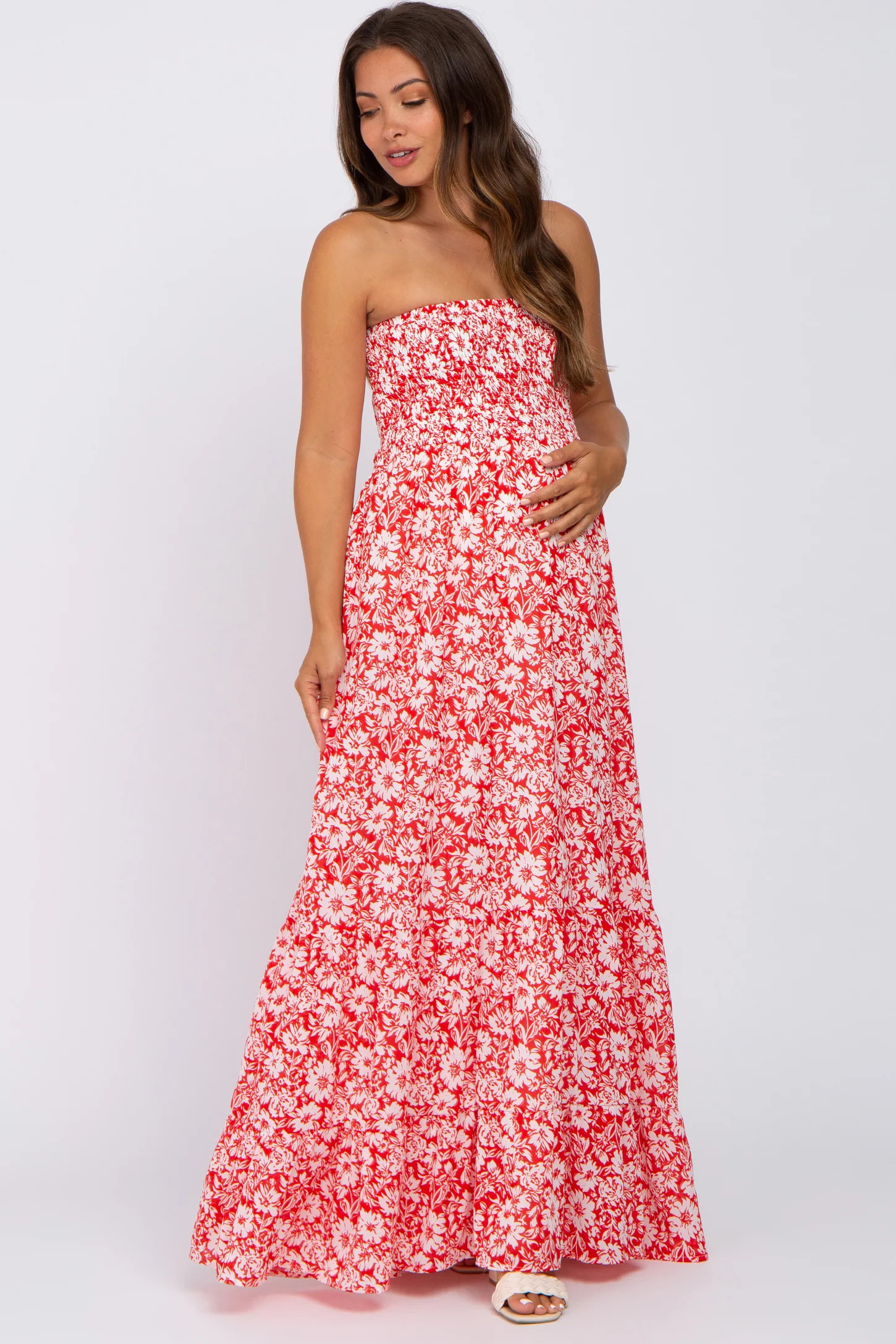 Red Floral Strapless Smocked Maternity Maxi Dress | PinkBlush Maternity