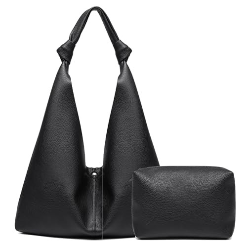 Vegan Leather Hobo Purses set, Slouchy Shoulder Bag Knotted Hobo Bags for Women with a small purse (black) | Amazon (US)
