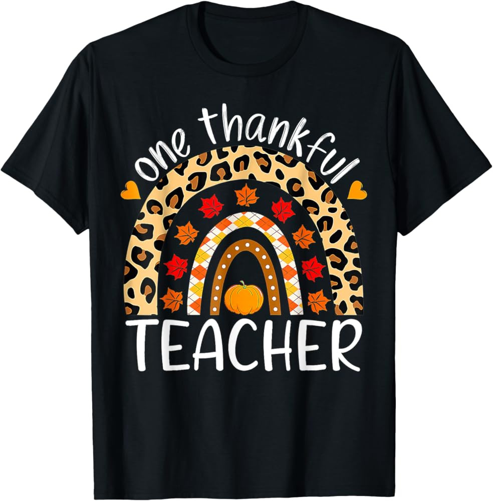 One Thankful Teacher Thanksgiving Rainbow Leopard Fall T-Shirt | Amazon (US)
