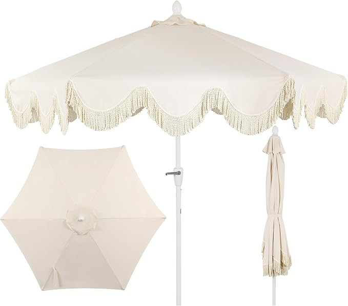 JONATHAN Y UMB1001 Collins 9 ft. Classic Cottage Tassel Market Patio Umbrella with Auto-Tilt, Cra... | Amazon (US)