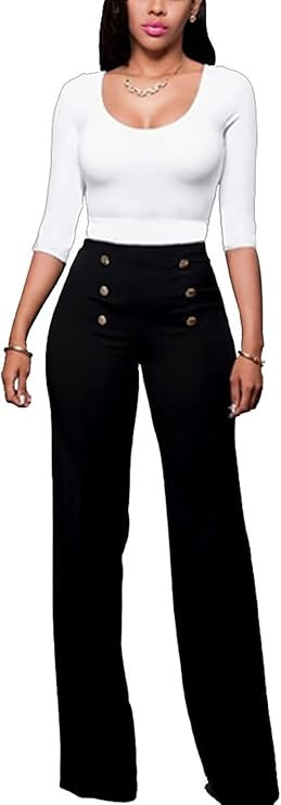 Women's Stretchy High Waisted Wide Leg Button-Down Pants Sailor Bell Flare Trousers | Amazon (US)