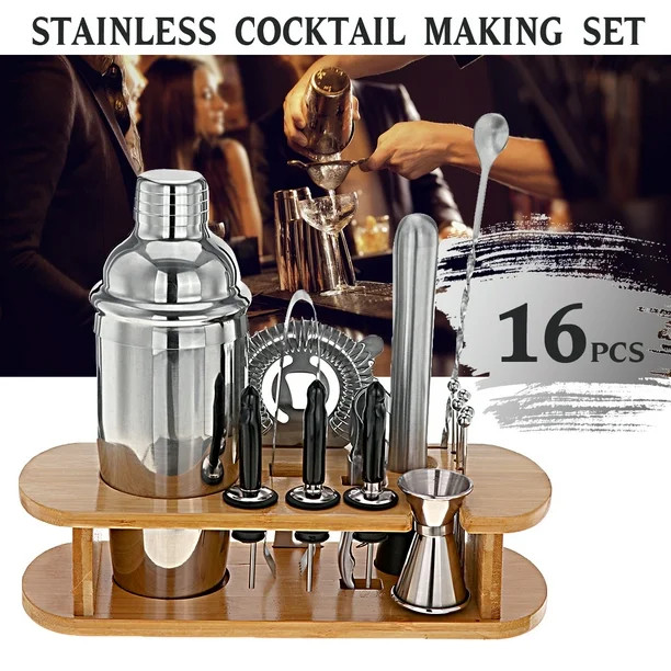 Cocktail Shaker Set Bartender Kit, 16 Pcs Bar Set 750mL Stainless Steel Bar Set with Bamboo Stand... | Walmart (US)