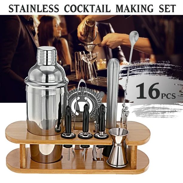 Cocktail Shaker Set Bartender Kit, 16 Pcs Bar Set 750mL Stainless Steel Bar Set with Bamboo Stand... | Walmart (US)