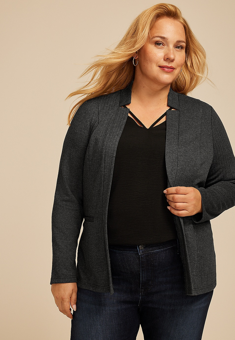 Plus Size Herringbone Ponte Knit Blazer | Maurices
