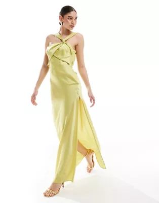 ASOS DESIGN satin twist strap drape maxi dress in lime | ASOS (Global)