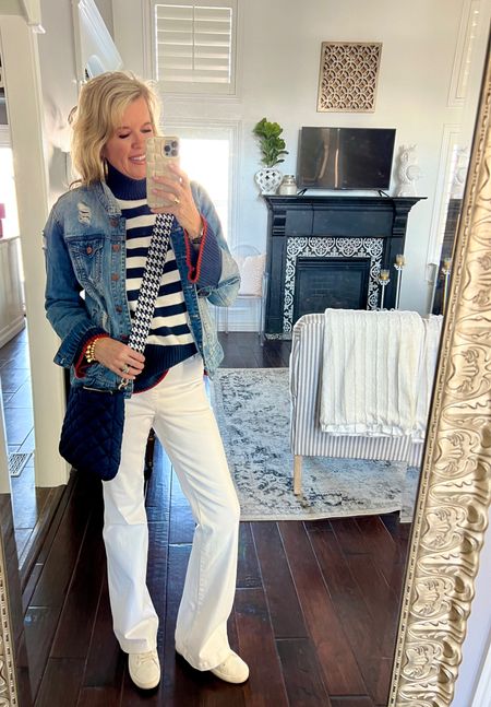 Outfit of the day💙🤍

A little Spring /coastal inspo

Great wardrobe basics

Denim jacket boyfriend cut
Stripped sweater

 White denim -Spanx flared jeans 
Fits tts  and work for Tall girls 
Save 10% off with code 
DEARDARCYXSPANX

Social treads quilted messenger bag with changeable straps

White leather tennis shoes Chicos and fit tts 

Gold jewelry lisi lurch 


#LTKMostLoved #LTKstyletip #LTKover40
