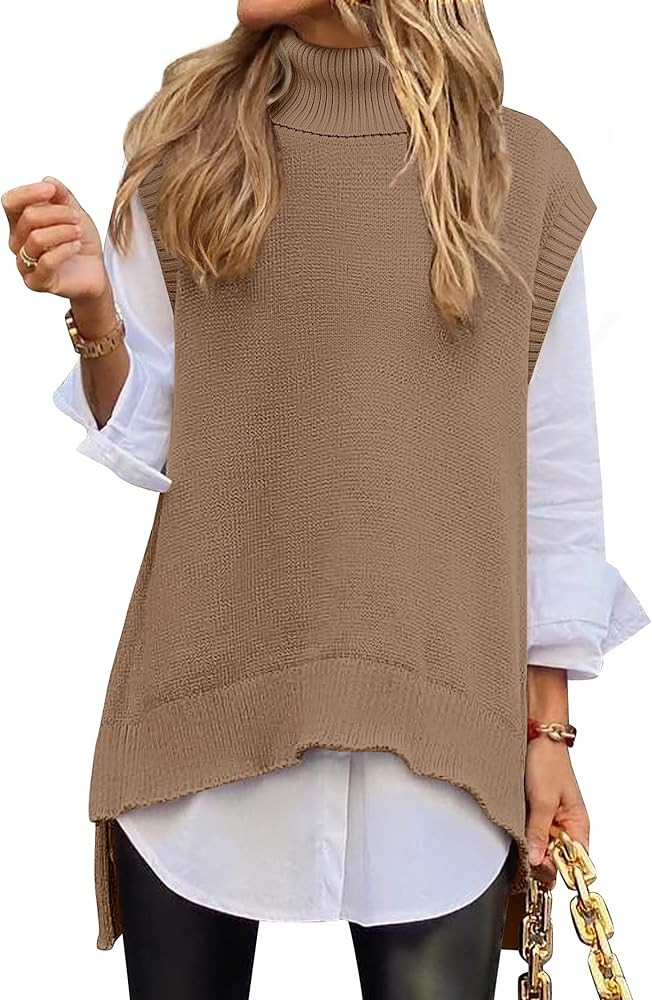 ANRABESS Sweater Vest Women Turtleneck Sleeveless Loose Fit Pullover Knit Spilt Tank Tops 2025 Ca... | Amazon (US)