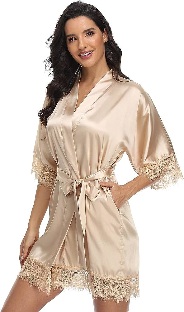 Giova Women's Lace Trim Kimono Robe Bride Bridesmaids Wedding Shower Satin Short Robe | Amazon (US)
