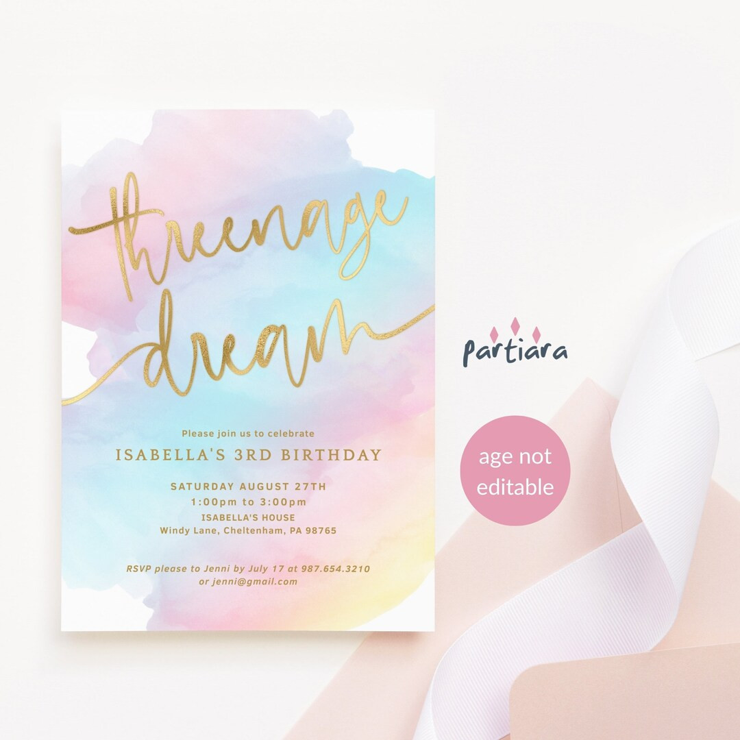 Threenage Dream Invitation, Girl 3rd Birthday Invites, Pastel Rainbow Party Invitations Printable... | Etsy (US)