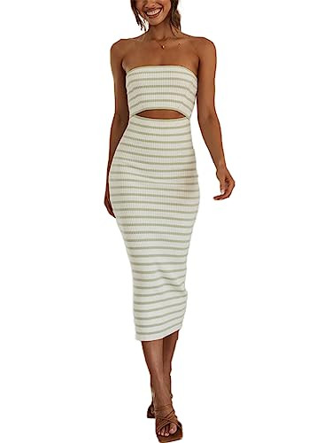 NUFIWI Women Summer Strapless Knitted Long Dress Off Shoulder Striped Cutout Midi Dress Bodycon Backless Beach Sun Dress(B Stripe 4,Medium) | Amazon (US)