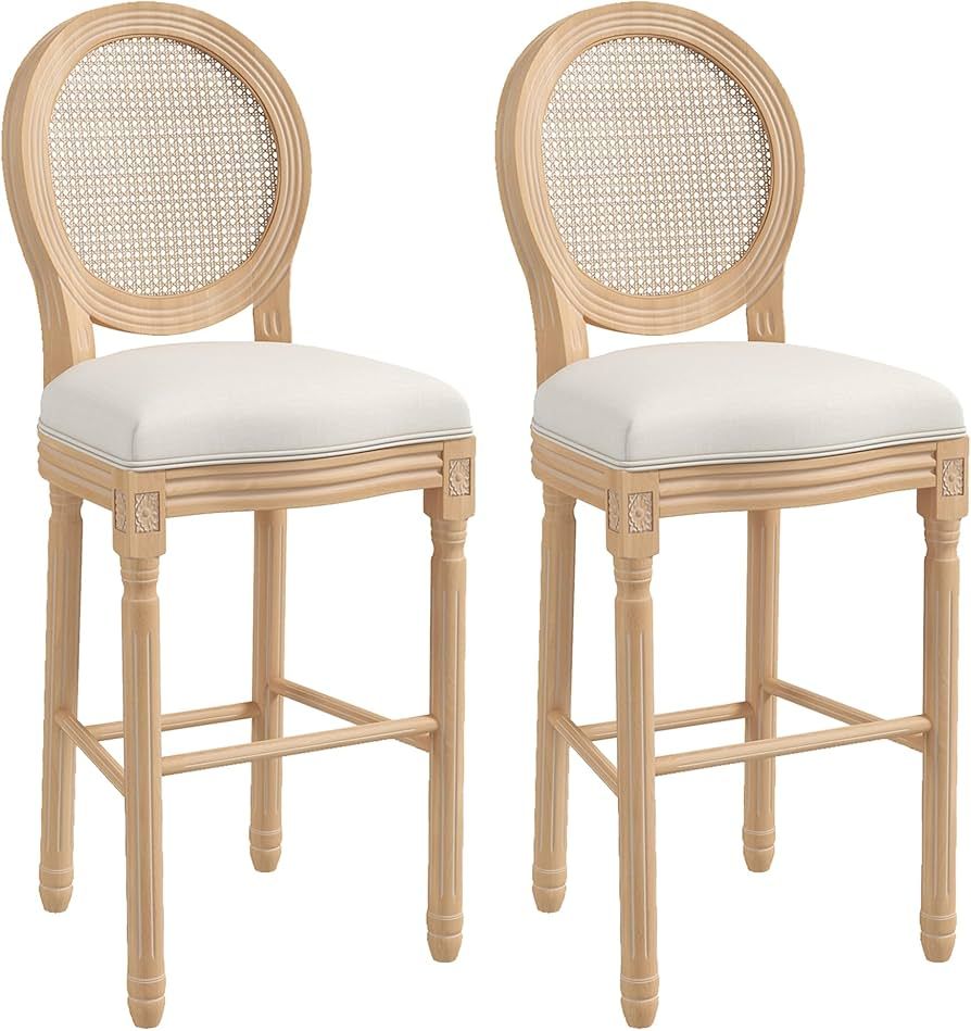 civama French Country Bar Stool Set of 2, Tall Wooden Rattan Barstools 30" Seat Height, Armless S... | Amazon (US)