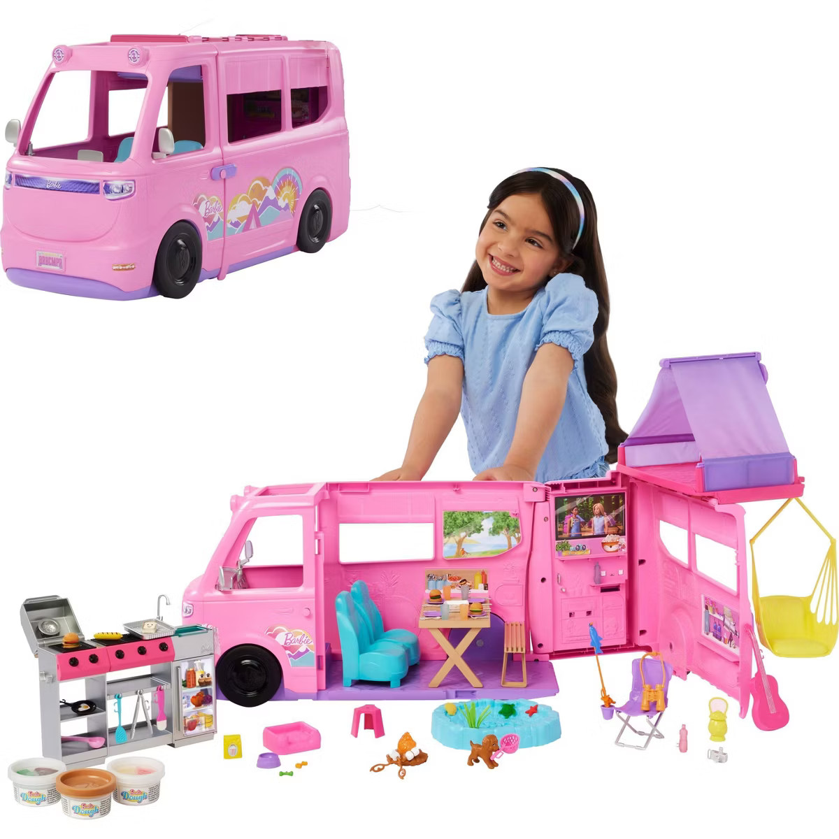 Barbie Dream Camper Playset with Roof Tent, BBQ Grill with Color-Change Feature and 60+ Accessori... | Target