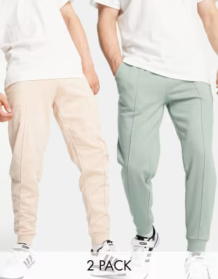 ASOS DESIGN tapered sweatpants 2 pack with pin tuck in green & beige | ASOS (Global)