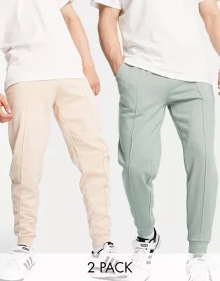 ASOS DESIGN tapered sweatpants 2 pack with pin tuck in green & beige | ASOS (Global)