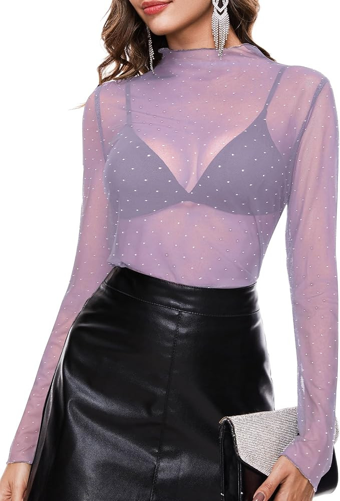 BBX Lephsnt Womens Sheer Mesh Layering Top Sparkle Long Sleeve Shirts Mock Neck See Through Tee S... | Amazon (US)