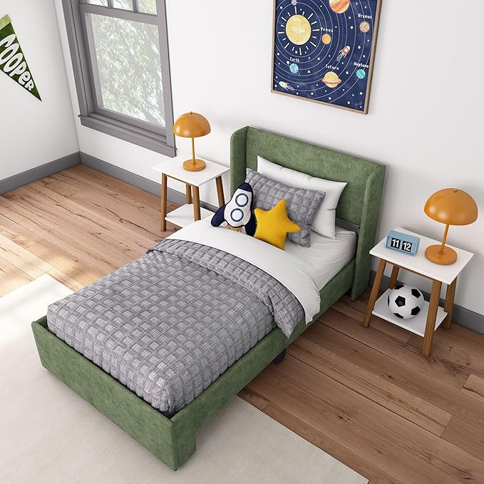 Max & Lily Upholstered Twin Bed Frame with Rectangular Headboard, Upholstered Platform Bed for Ki... | Amazon (US)