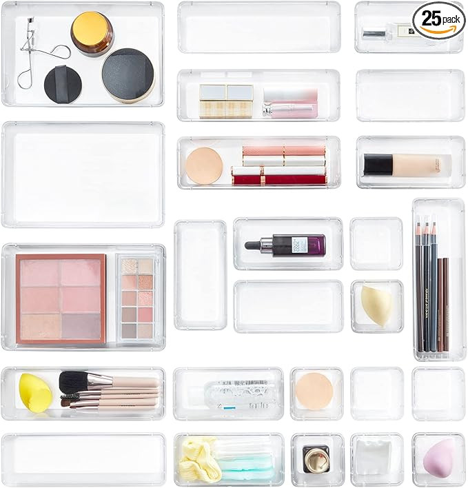 Lifewit 25 PCS Drawer Organizer Set Clear Plastic Desk Drawer Dividers Trays Dresser Storage Bins... | Amazon (US)