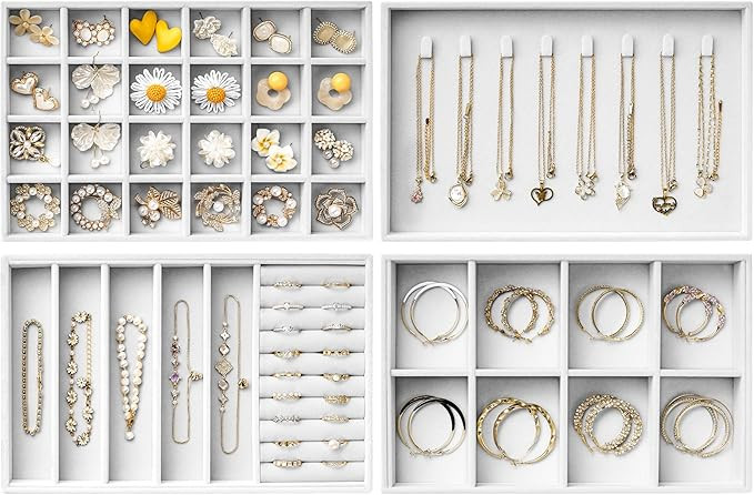 Velvet Jewelry Drawer Organizer Trays – Large White Stackable Jewelry Storage Inserts Set, 4-La... | Amazon (US)