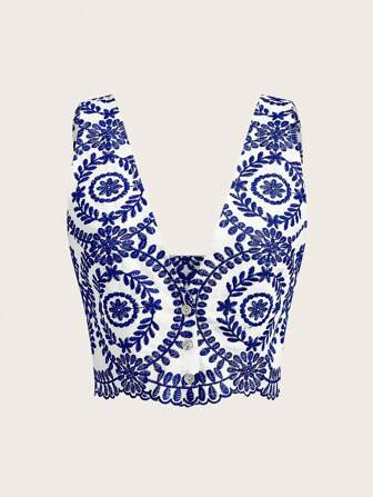 SHEIN MOD Floral Embroidery Crop Top | SHEIN