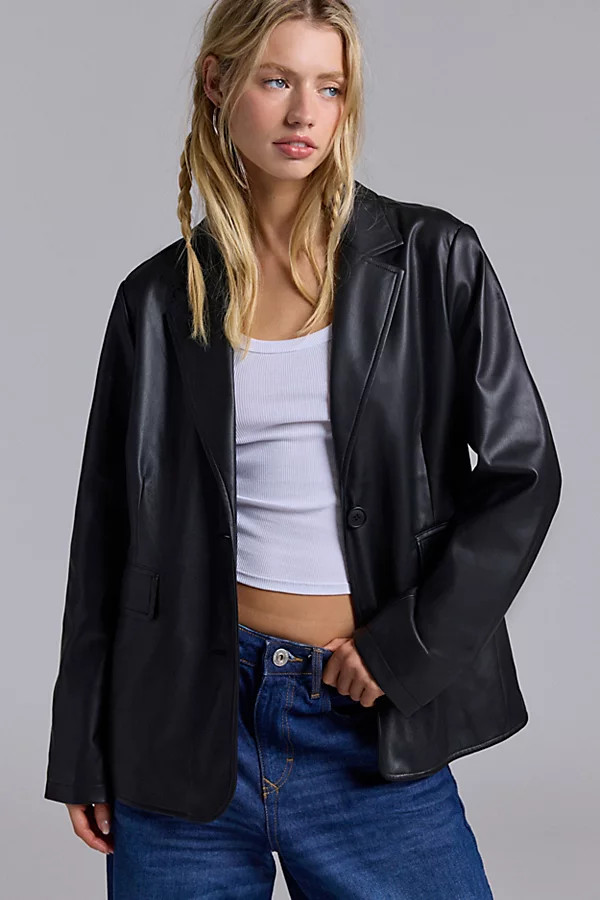 Silence + Noise Lexi Oversized Faux Leather Blazer Jacket in Black, Women's at Urban Outfitters | Urban Outfitters (US and RoW)