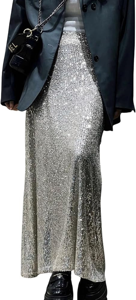 JUMISEE Women’s Silver Sequin Midi Skirt Stretchy High Waist Long Skirt Glitter Pencil Skirt fo... | Amazon (US)