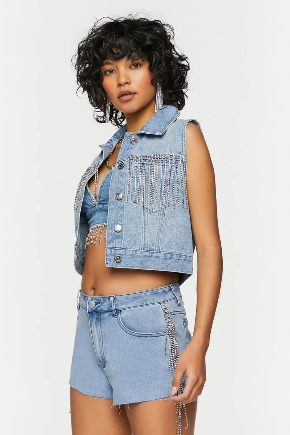 Rhinestone-Fringe Denim Shorts | Forever 21 (US)