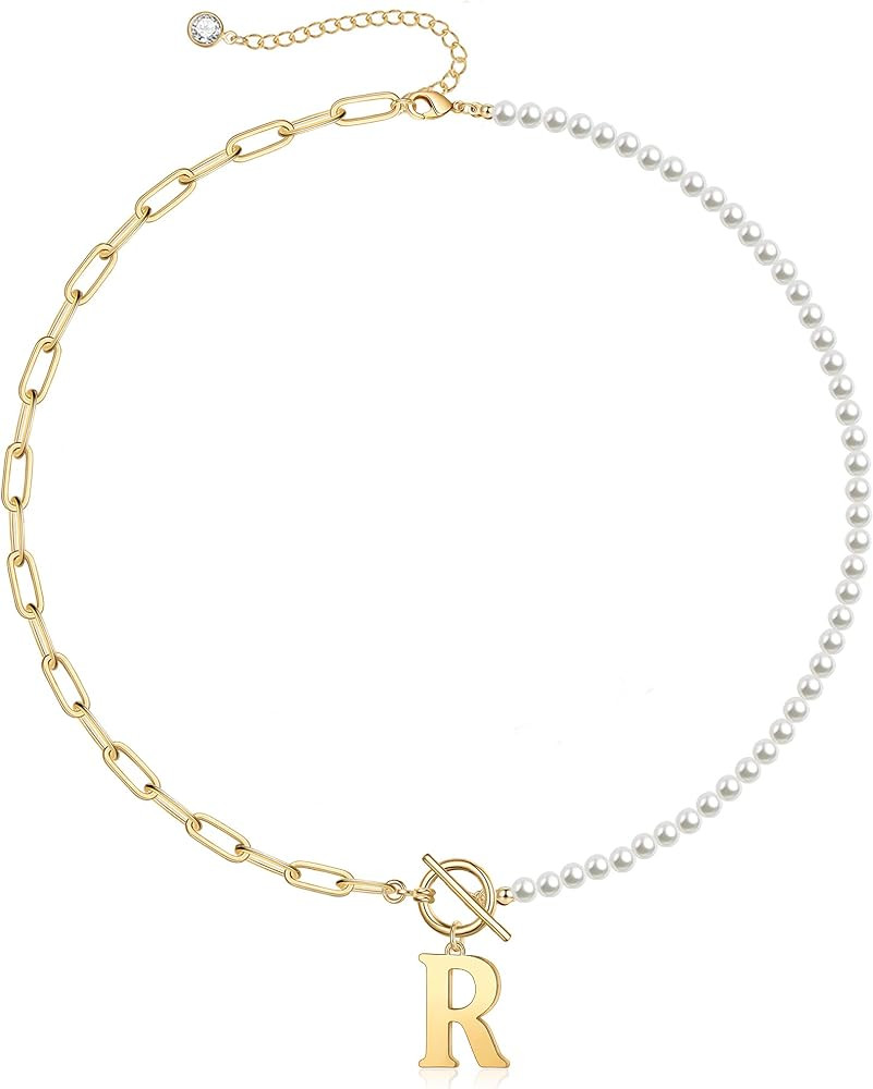 Gold Initial Pearl Necklace for Women, 14K Gold Plated Paperclip Link Chain Necklace Choker Toggl... | Amazon (US)
