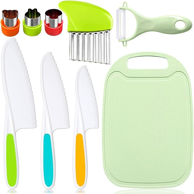 9 Pcs Kids Kitchen Knife Set, Kids Knives For Real Cooking With Cutting Board, Y Peeler, Crinkle ... | Amazon (US)