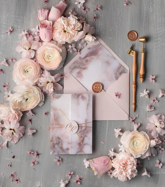 Romantic Custom Pink Marble Wedding Invitation Velum Marble - Etsy | Etsy (US)